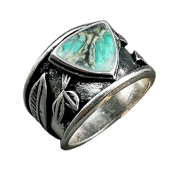 SILVER TURQUOISE GEOMETRIC BOHO WESTERN LEAF UNISEX RING - Picture 5 of 5
